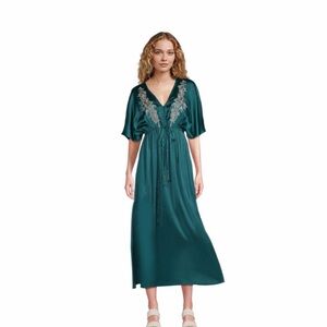 Cost Plus World Market Teal Satin Embroidered Caftan Robe